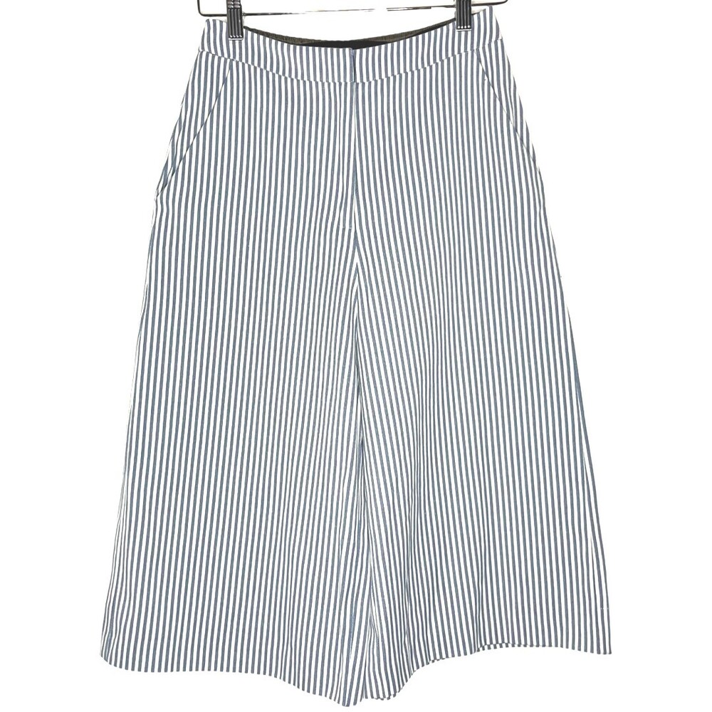 Silvian Heach Women Pants 38 2 Blue Cotton Seersucker Striped Wide Leg Crop High